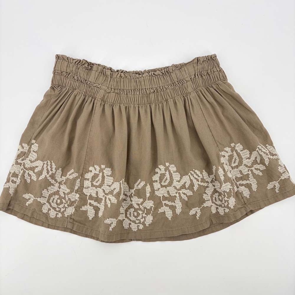 Aerie Mini Skirt Embroidered Floral Smocked Paperbag Boho Brown Large ALTERED